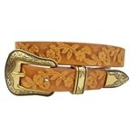 Western-Inspired Buckle set w. hand-Painted floral tooled belt