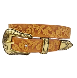 Western-Inspired Buckle set w. hand-Painted floral tooled belt