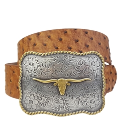 Western Long Horn Buckle with Ostrich Print Leather Belt