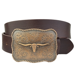 Genuine Leather belt with Western Long Horn Copper Buckle