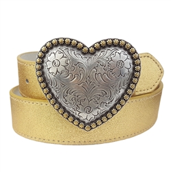 Metallic Cracked Leather Belt w. Western Heart Buckle