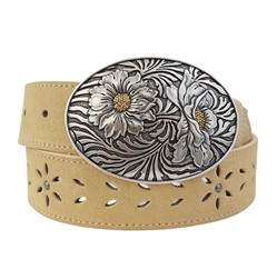 Genuine Suede Leather Belt w. Western Sunflower Buckle