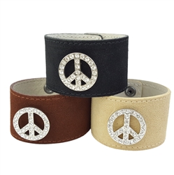 Genuine Suede Leather Cuff w. Crystal Peace Sign